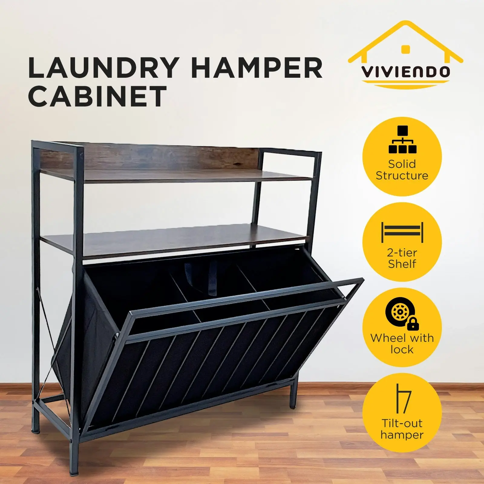 Viviendo Tilt-Out Laundry Hamper Cabinet Shelf Basket 3-Compartment with Sliding Wheels