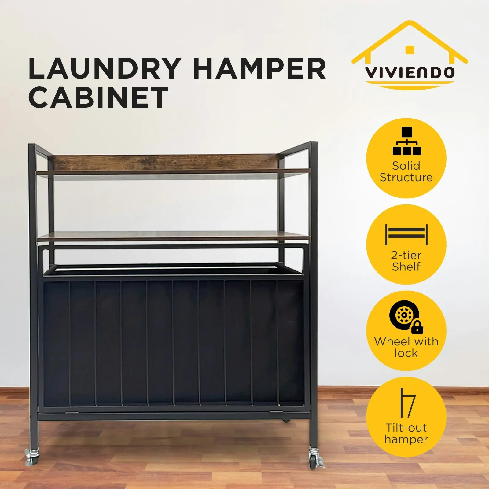 Viviendo Tilt-Out Laundry Hamper Cabinet Shelf Basket 3-Compartment with Sliding Wheels