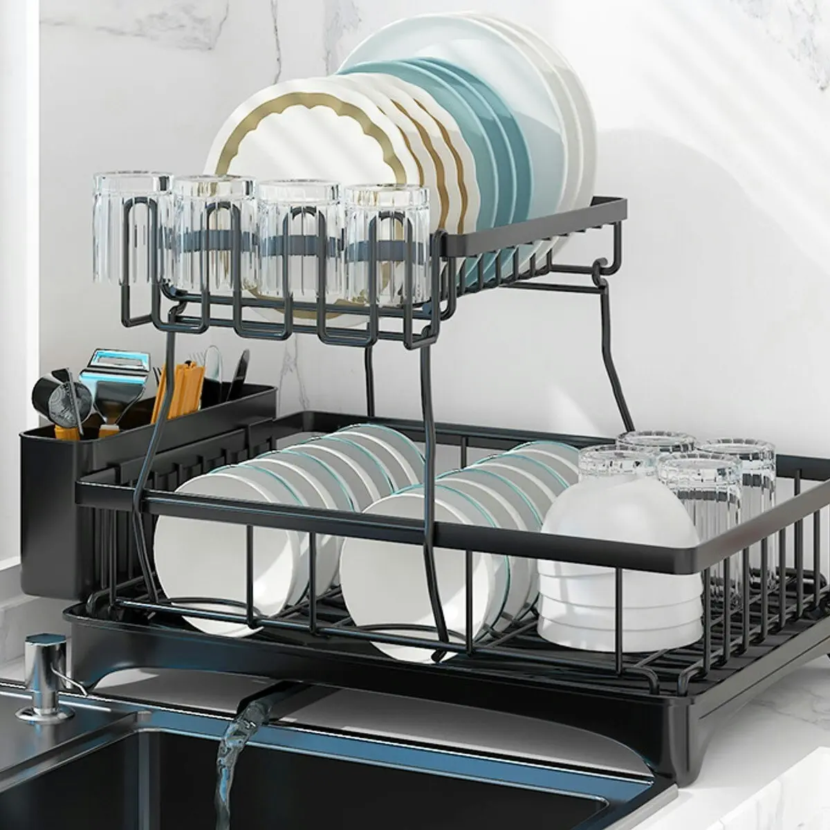 Viviendo 2 Tier Dish Drainer Drying Rack in Carbon Steel with Kitchen Counter Cup and Cutlery Holder