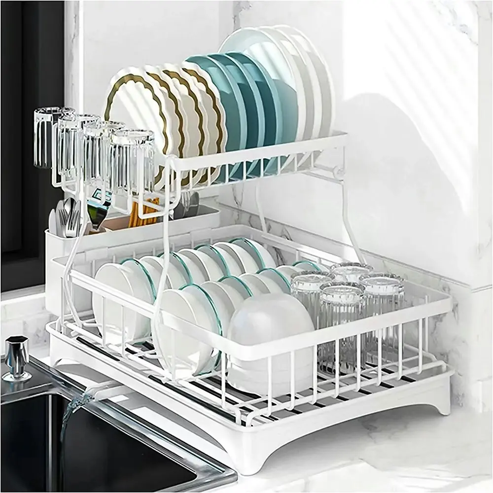 Viviendo 2 Tier Dish Drainer Drying Rack in Carbon Steel with Kitchen Counter Cup and Cutlery Holder