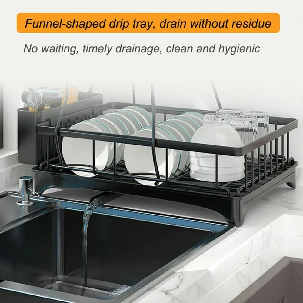 Viviendo 2 Tier Dish Drainer Drying Rack in Carbon Steel with Kitchen Counter Cup and Cutlery Holder