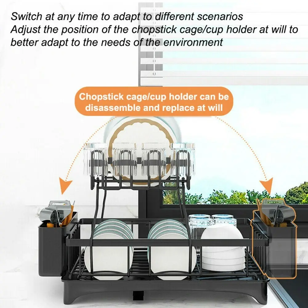 Viviendo 2 Tier Dish Drainer Drying Rack in Carbon Steel with Kitchen Counter Cup and Cutlery Holder
