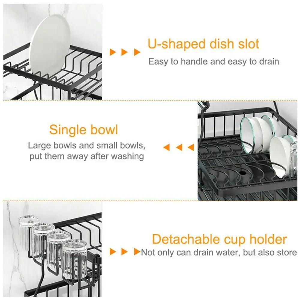 Viviendo 2 Tier Dish Drainer Drying Rack in Carbon Steel with Kitchen Counter Cup and Cutlery Holder