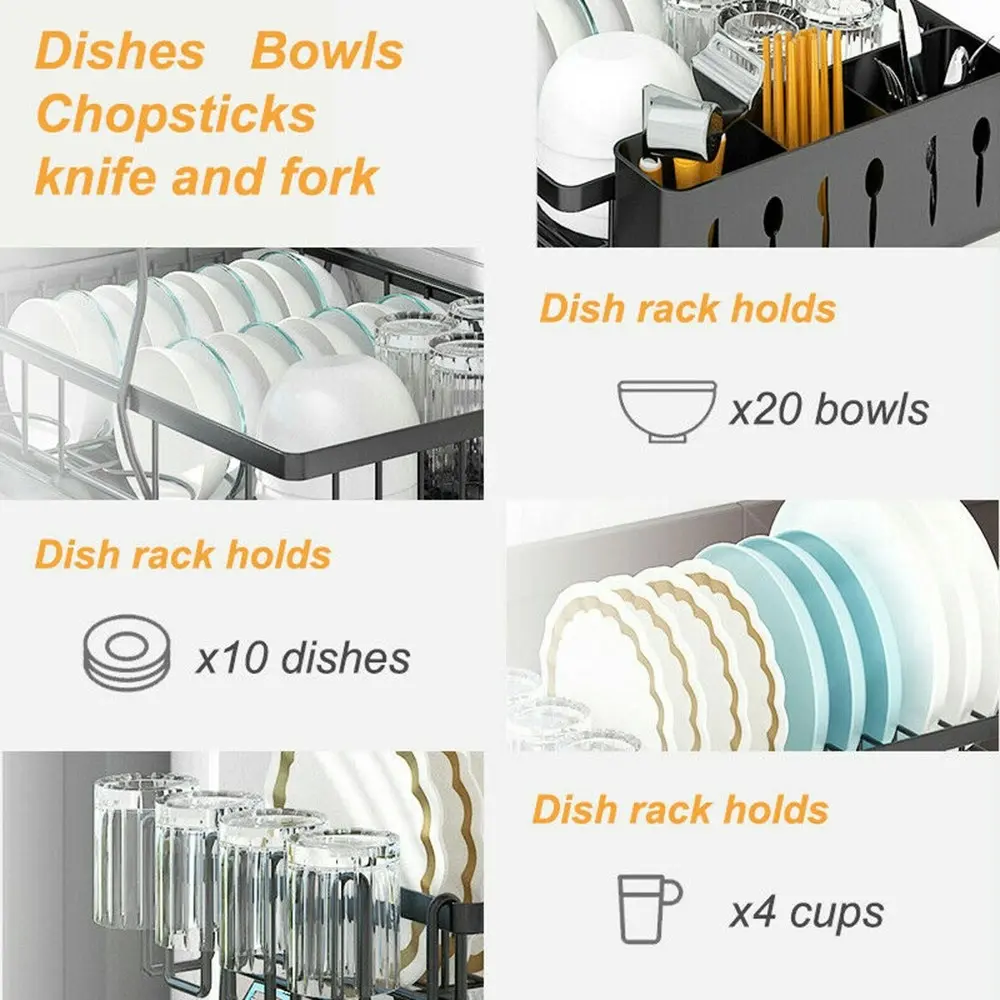 Viviendo 2 Tier Dish Drainer Drying Rack in Carbon Steel with Kitchen Counter Cup and Cutlery Holder