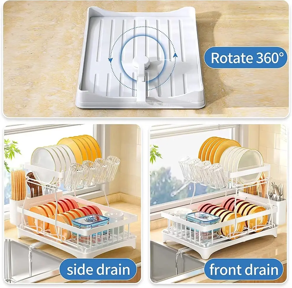 Viviendo 2 Tier Dish Drainer Drying Rack in Carbon Steel with Kitchen Counter Cup and Cutlery Holder