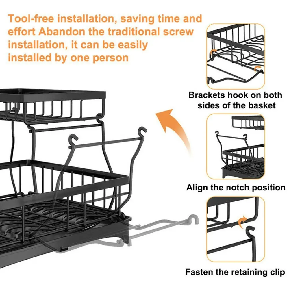 Viviendo 2 Tier Dish Drainer Drying Rack in Carbon Steel with Kitchen Counter Cup and Cutlery Holder