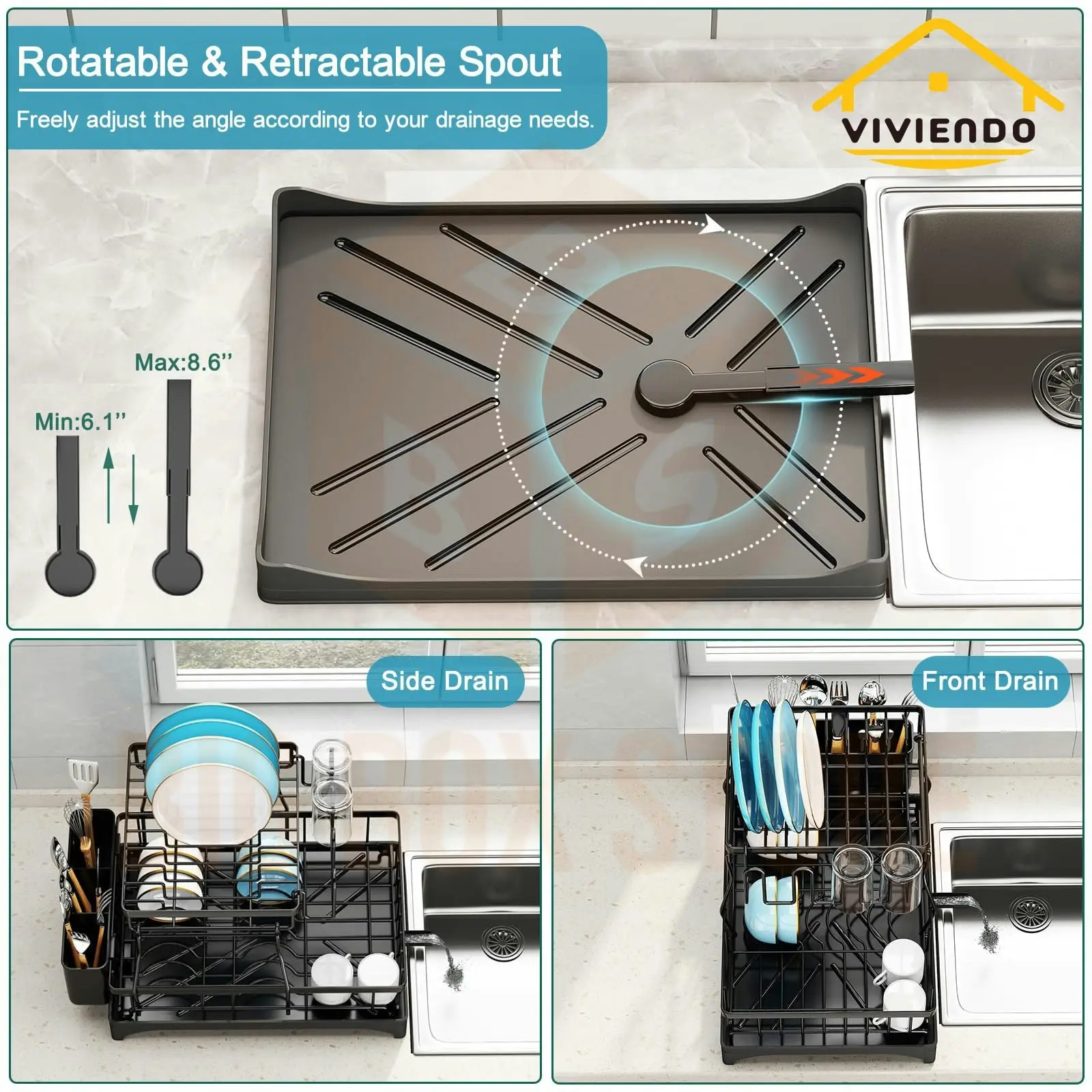 Viviendo 2 Tier Dish Drainer Drying Rack in Carbon Steel with Kitchen Counter Cup and Cutlery Holder