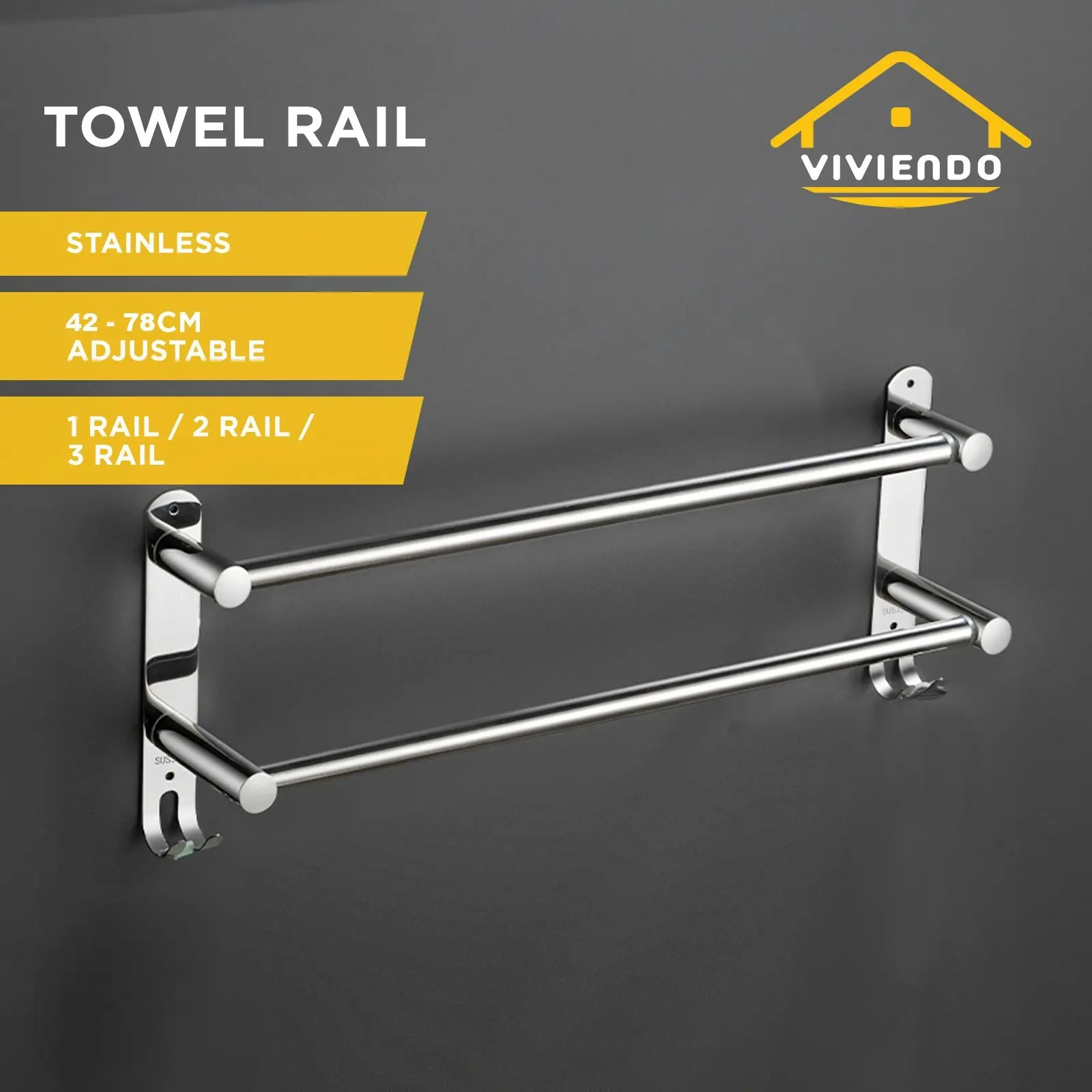 Viviendo Stylish Stainless Steel Adjustable Bathroom Towel Rack Rail Holder with Hooks â€“ 2 Tiers