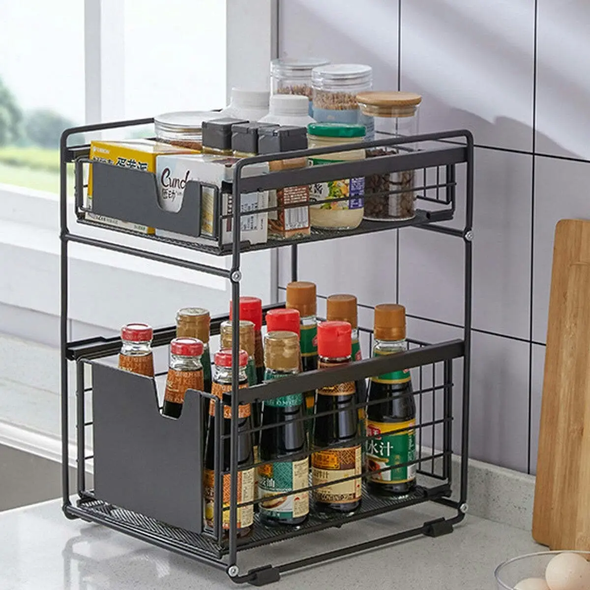 Viviendo Pantry Kitchen Organiser Sauce Rack Spice Storage with sliding drawers in Carbon Steel