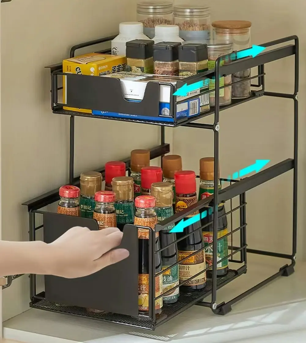 Viviendo Pantry Kitchen Organiser Sauce Rack Spice Storage with sliding drawers in Carbon Steel