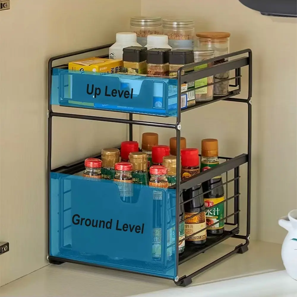 Viviendo Pantry Kitchen Organiser Sauce Rack Spice Storage with sliding drawers in Carbon Steel