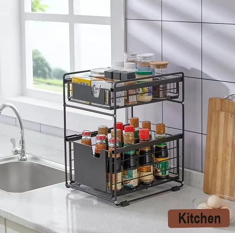 Viviendo Pantry Kitchen Organiser Sauce Rack Spice Storage with sliding drawers in Carbon Steel