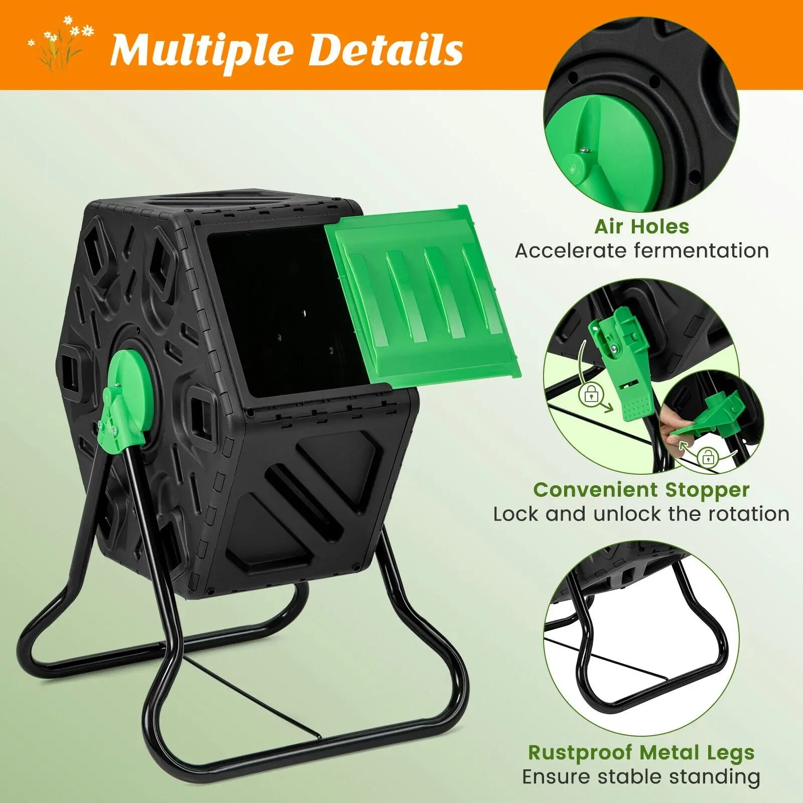 Viviendo 60L Tumbling Garden Compost Bin Heavy Duty 360 Rotating Recycle - Green