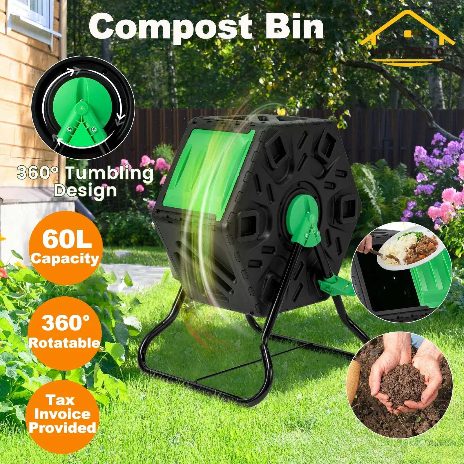 Viviendo 60L Tumbling Garden Compost Bin Heavy Duty 360 Rotating Recycle - Green