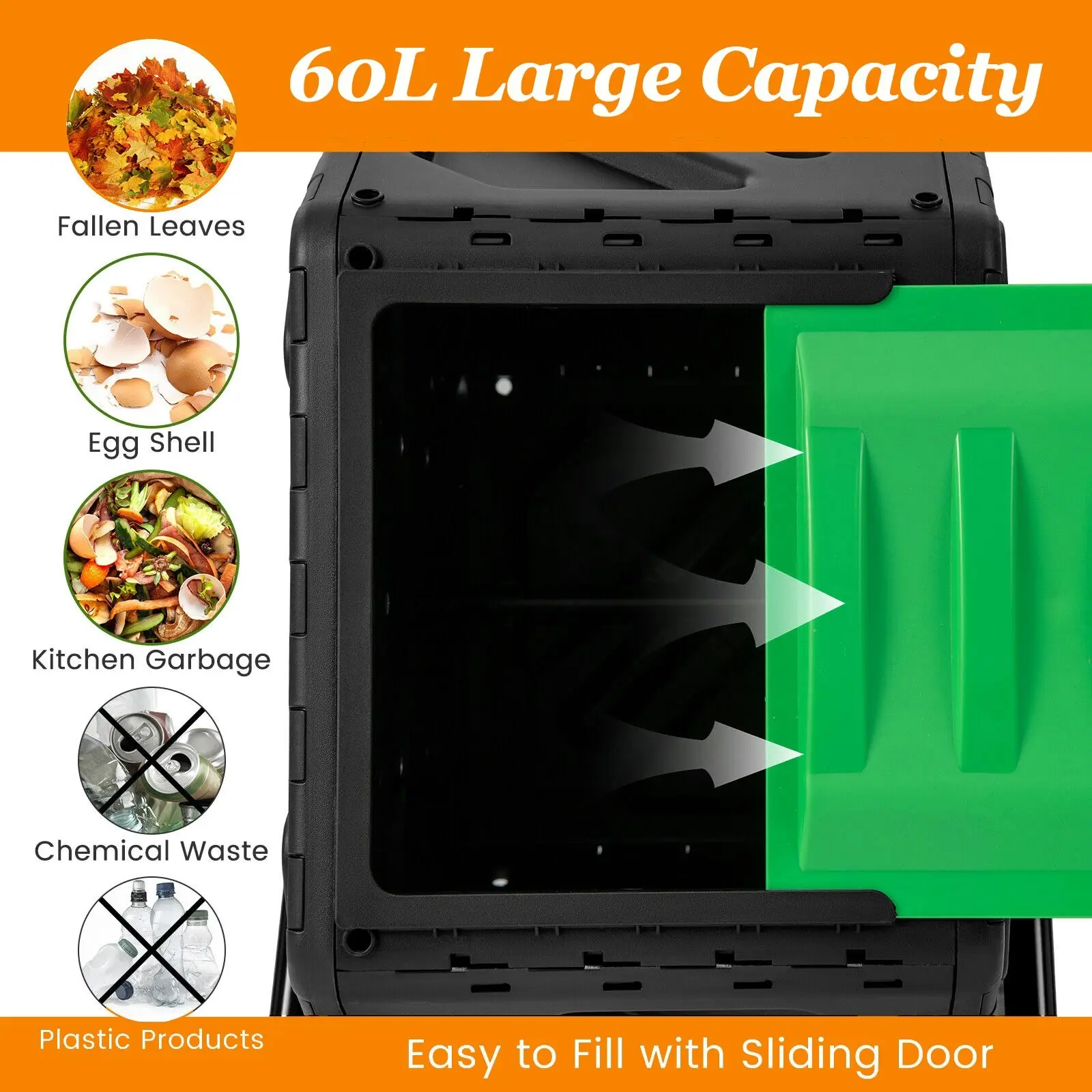 Viviendo 60L Tumbling Garden Compost Bin Heavy Duty 360 Rotating Recycle - Green