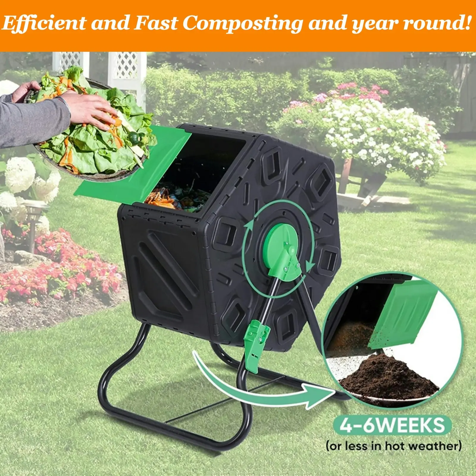 Viviendo 60L Tumbling Garden Compost Bin Heavy Duty 360 Rotating Recycle - Green