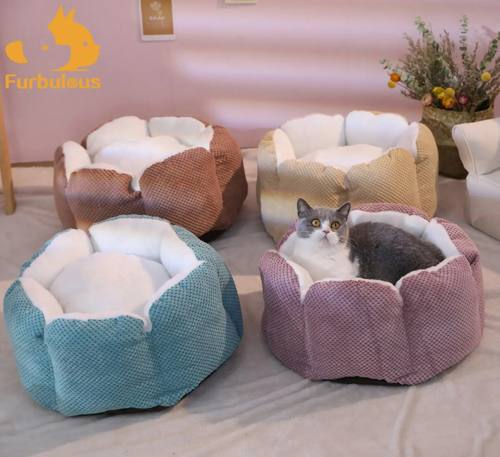 Furbulous Calming Dog Bed Warm Soft Cat Bed Round Comfy Sleeping Nest