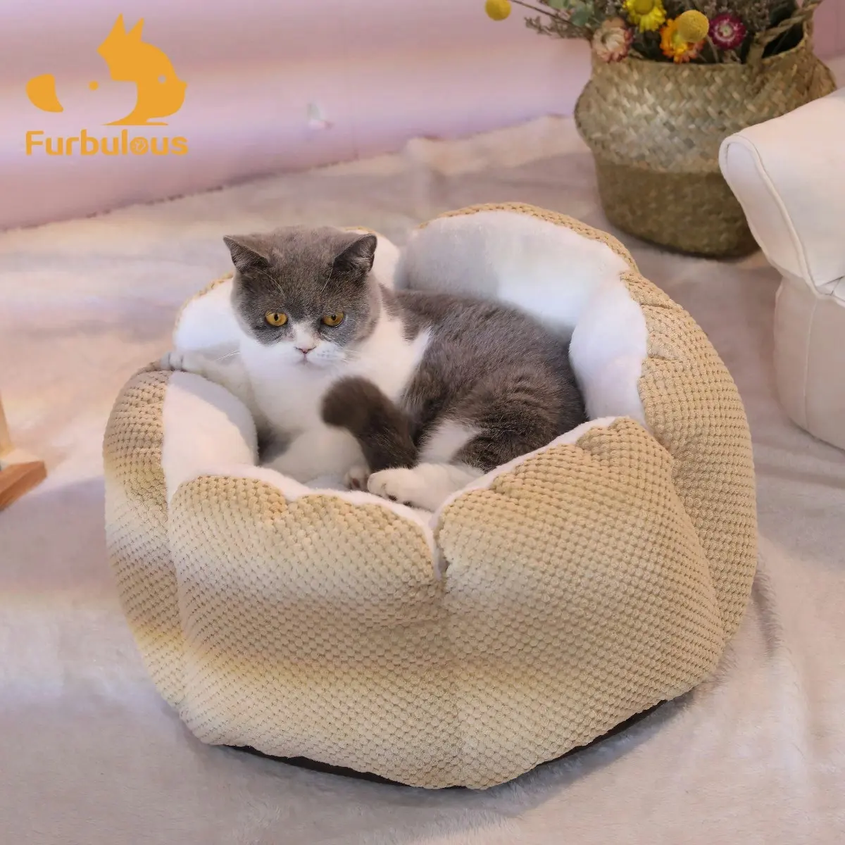 Furbulous Calming Dog Bed Warm Soft Cat Bed Round Comfy Sleeping Nest