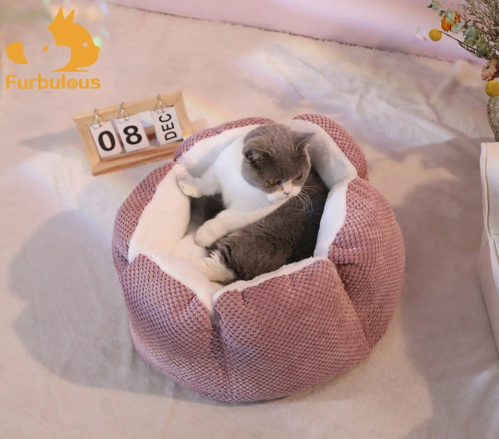 Furbulous Calming Dog Bed Warm Soft Cat Bed Round Comfy Sleeping Nest