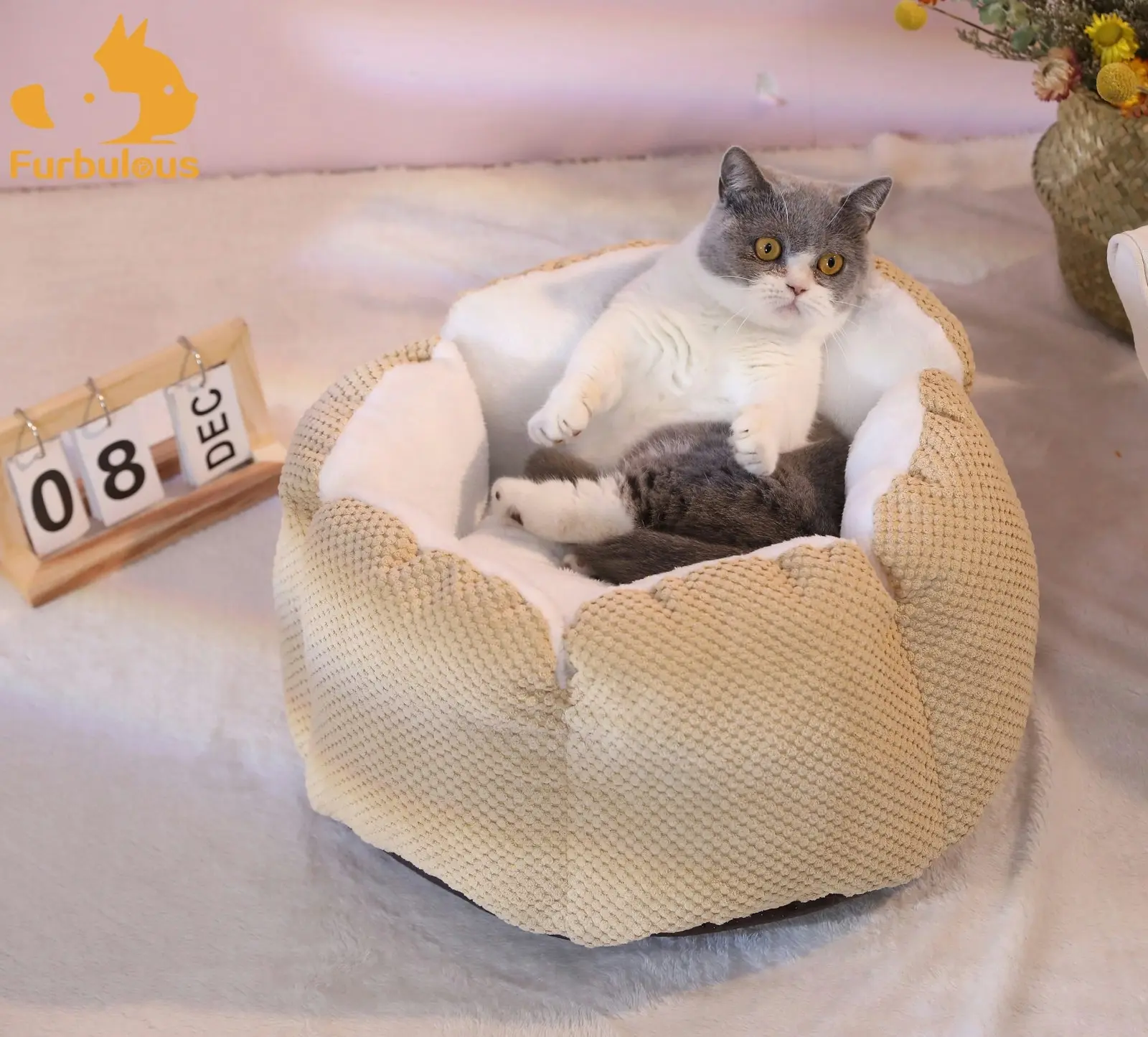 Furbulous Calming Dog Bed Warm Soft Cat Bed Round Comfy Sleeping Nest