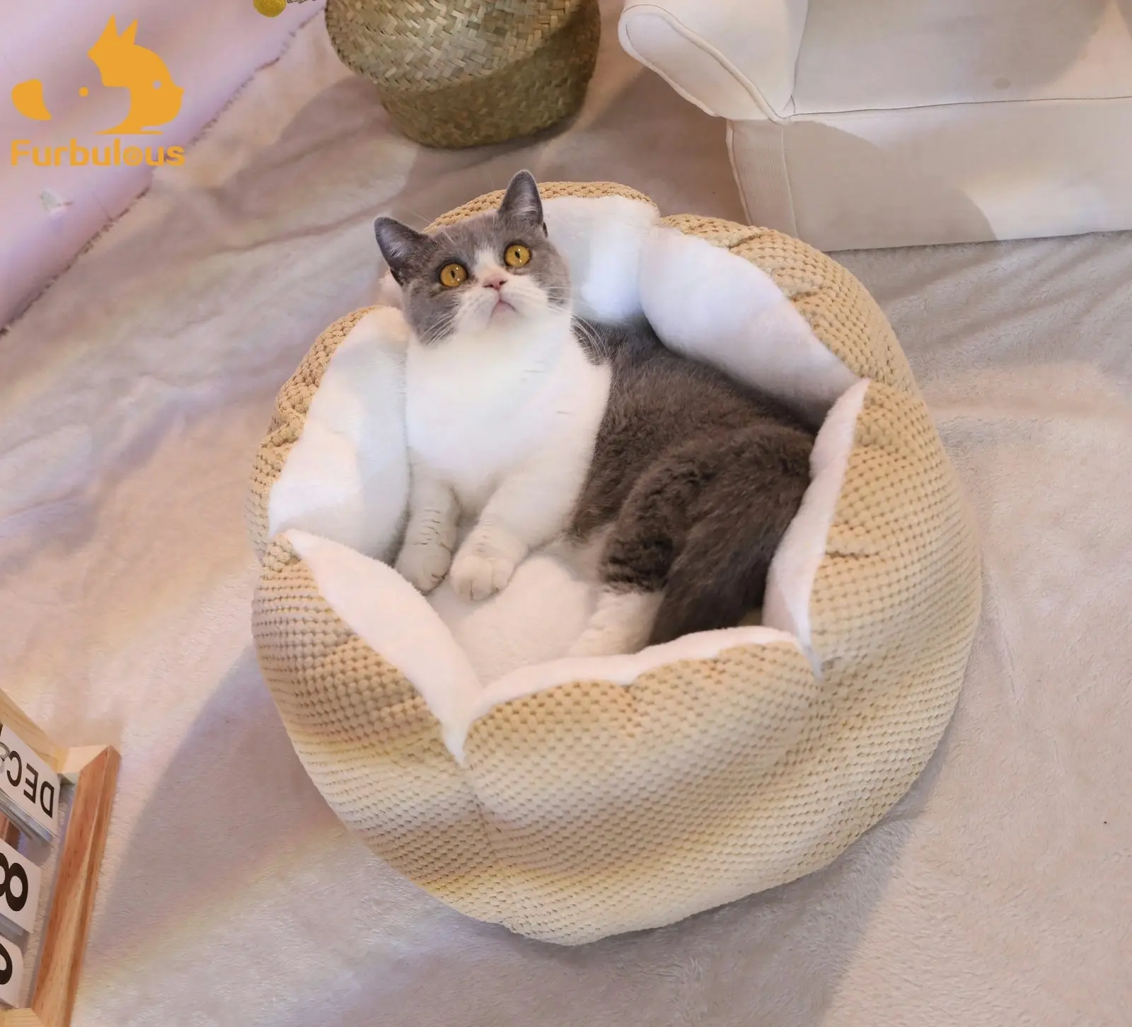 Furbulous Calming Dog Bed Warm Soft Cat Bed Round Comfy Sleeping Nest