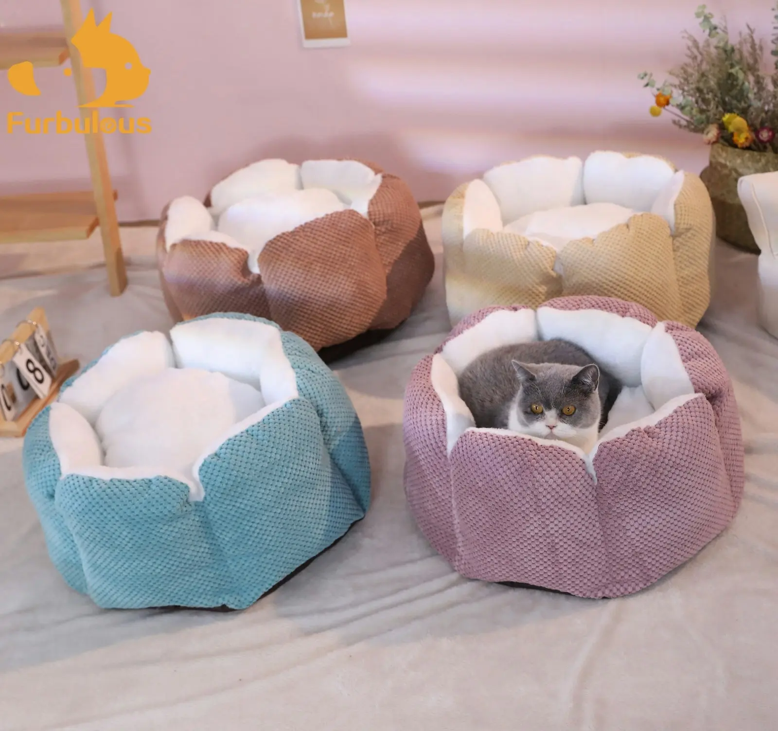 Furbulous Calming Dog Bed Warm Soft Cat Bed Round Comfy Sleeping Nest