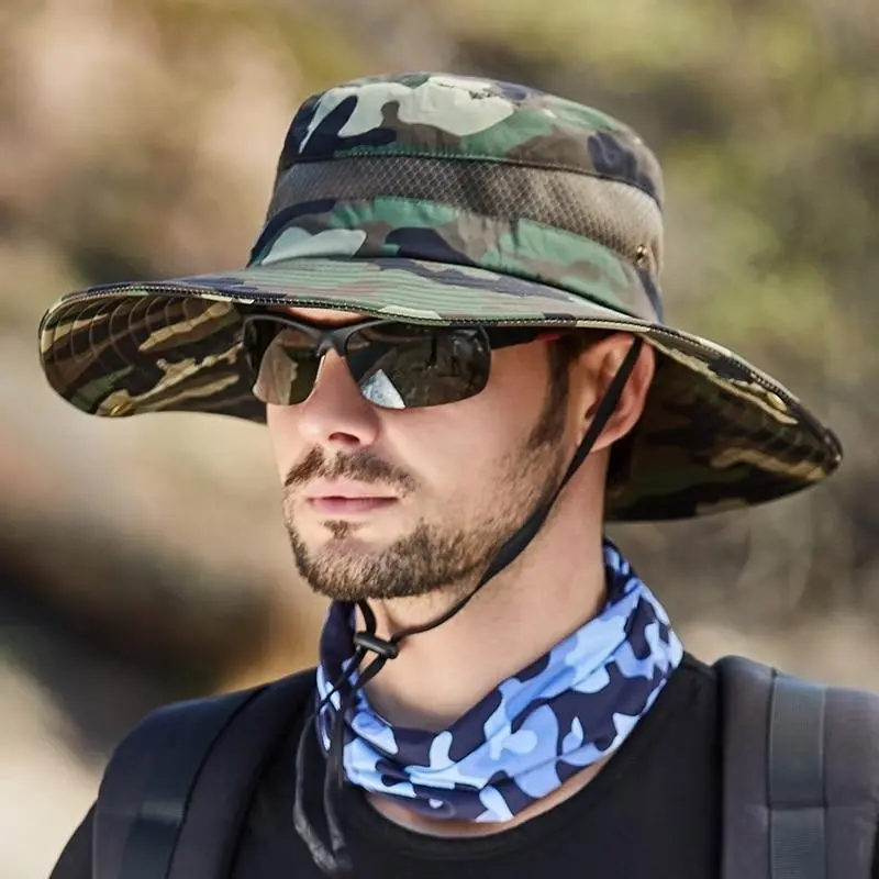 Wide Brim Camo Hat With Neck Cord