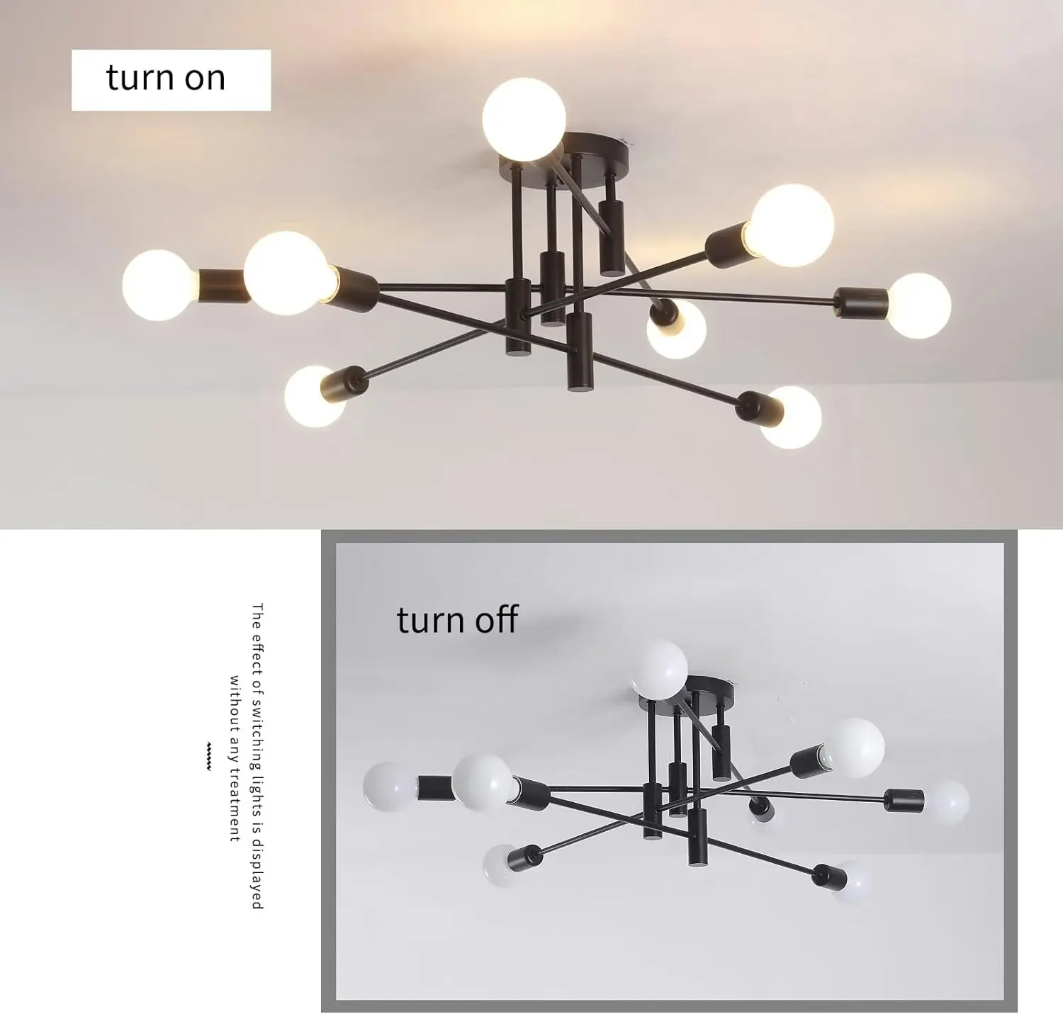 Modern Semi Flush Chandelier, 8 Light, Black