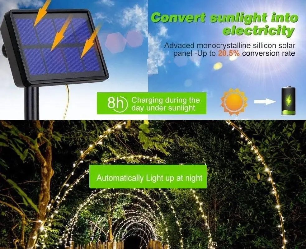 20m 200 LED Solar Powered Outdoor Lights with 8 Lighting Modes and Waterproof for Home,Garden and Decoration