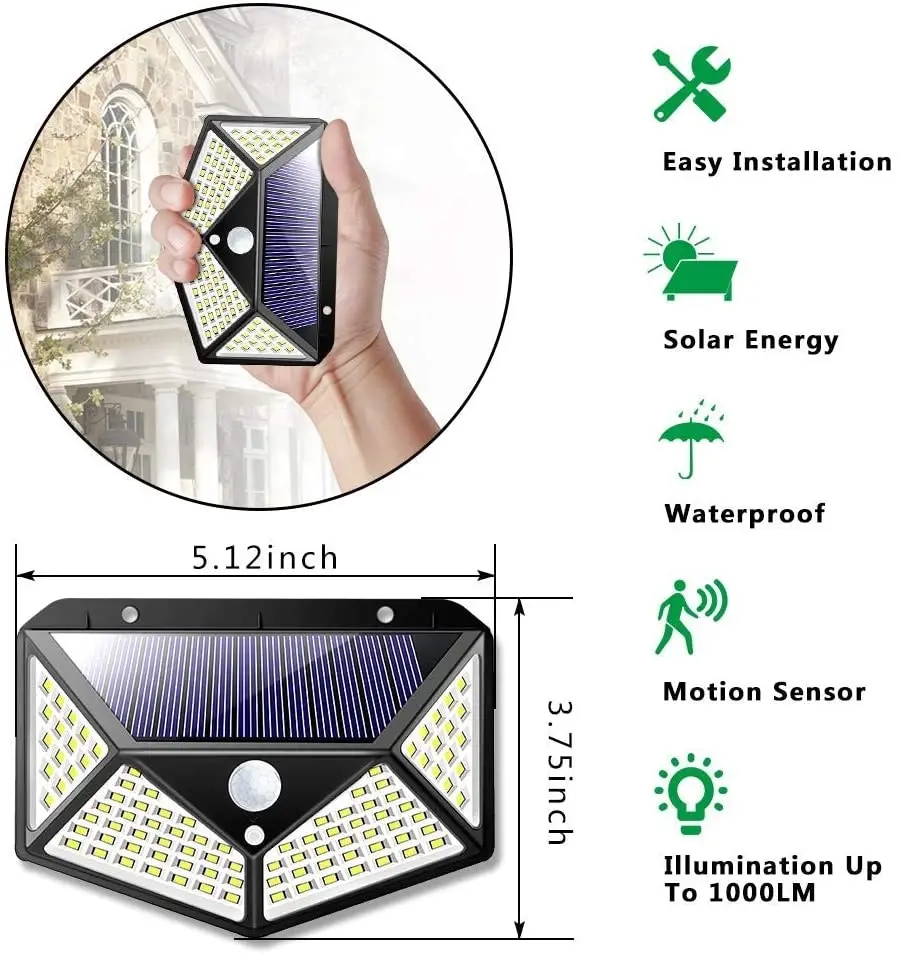 100 Waterproof LED Motion Sensor Solar Security Lights Outdoor (2pack)