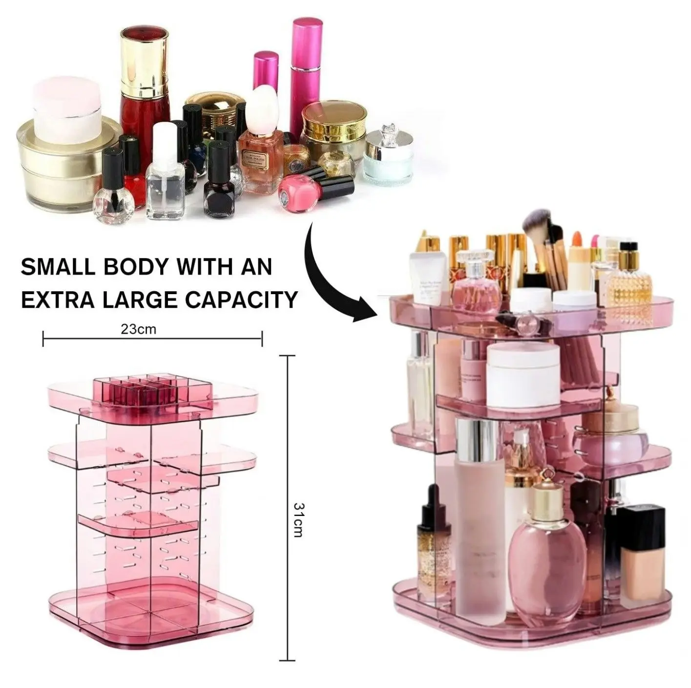 Carla Home 360 Rotating Large Capacity Makeup Organizer for Bedroom and Bathroom (Pink)