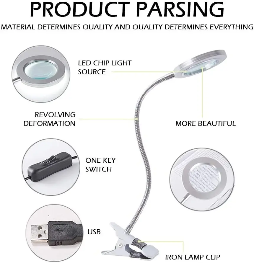 Lighting LED 8X Magnifying Lamp with Metal Clamp 360Ã‚Â° Flexible Gooseneck and USB Plug Design for Tattoo, Manicure and Reading