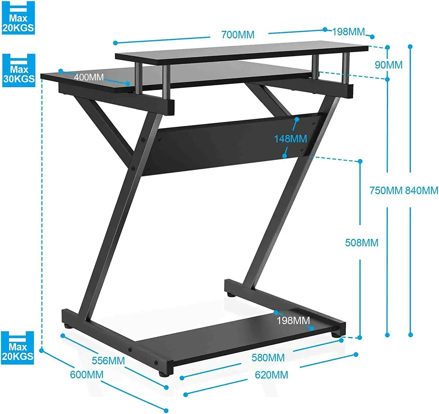 Computer Desk with Monitor Riser and storage, 70cm, (Black)