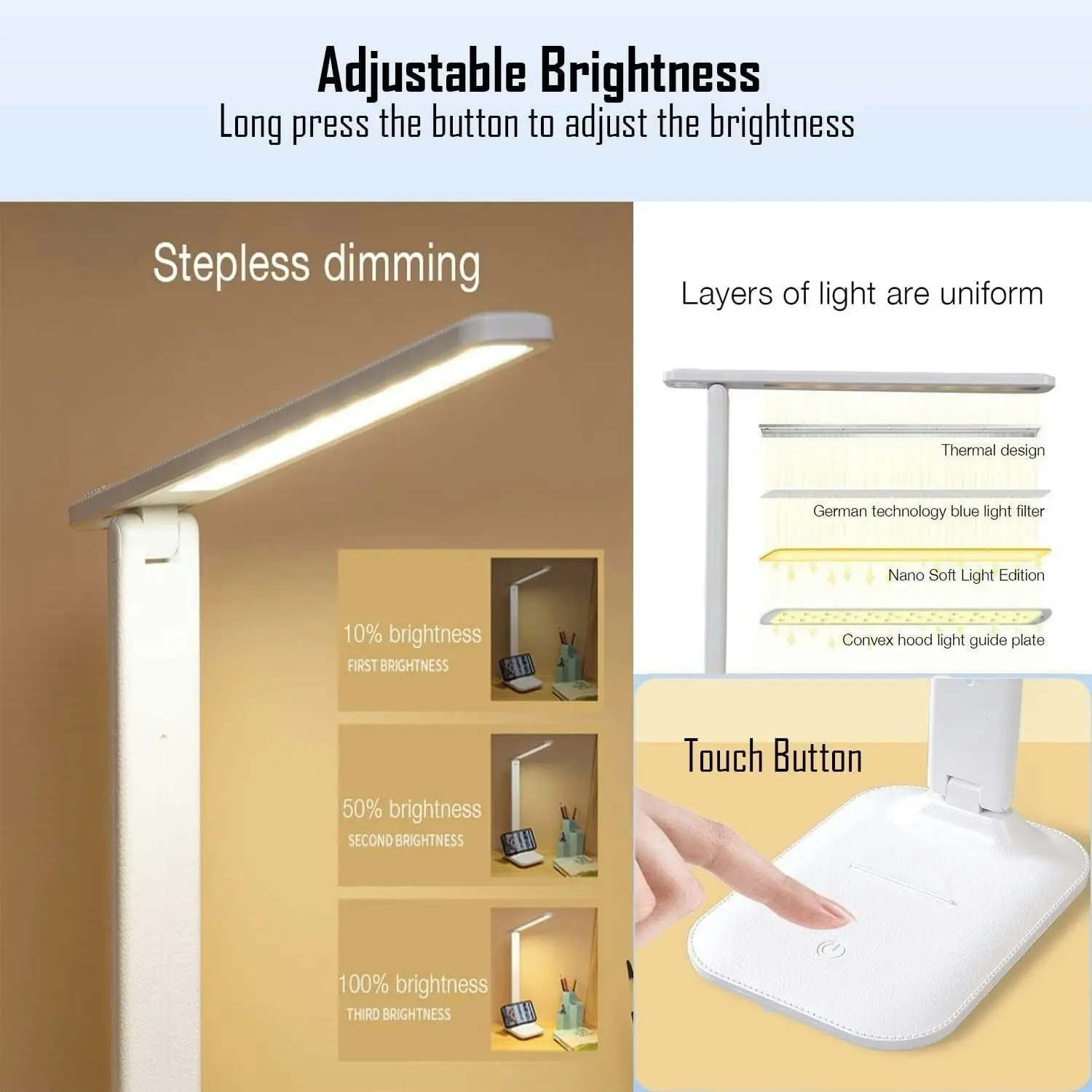 Rechargeable LED Desk Night Lamp, Stepless Dimming, Portable Study Lamp, Three Light Colour Options