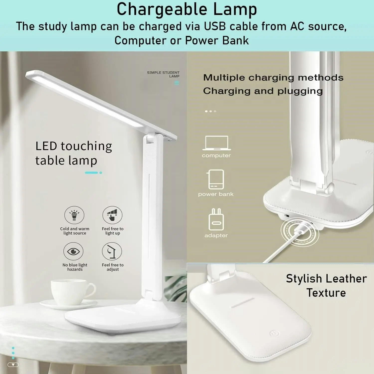 Rechargeable LED Desk Night Lamp, Stepless Dimming, Portable Study Lamp, Three Light Colour Options