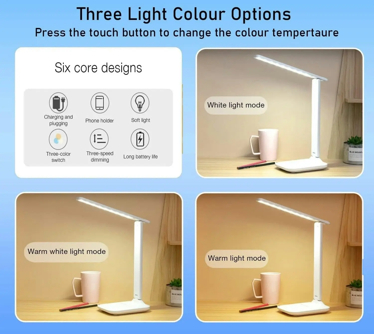 Rechargeable LED Desk Night Lamp, Stepless Dimming, Portable Study Lamp, Three Light Colour Options