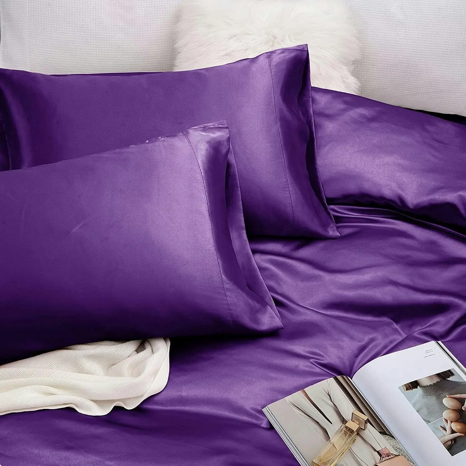 Soft Silky Satin Sheet Set 4pc 2000TC Queen, Deep Pocket Flat Fitted Bed Sheets Purple