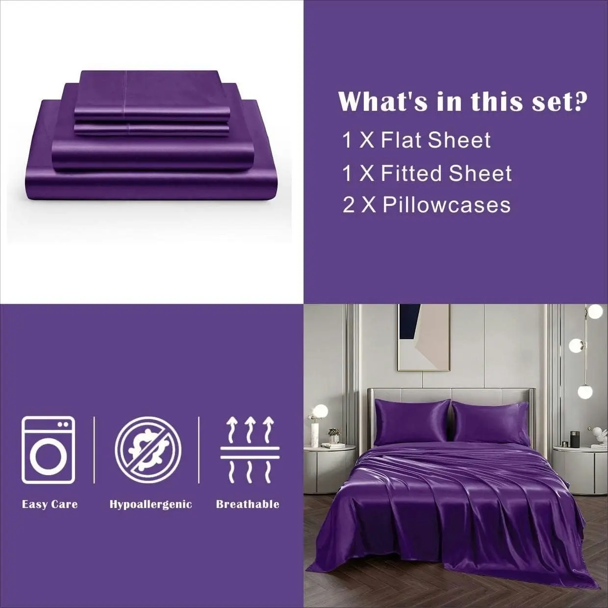 Soft Silky Satin Sheet Set 4pc 2000TC Queen, Deep Pocket Flat Fitted Bed Sheets Purple