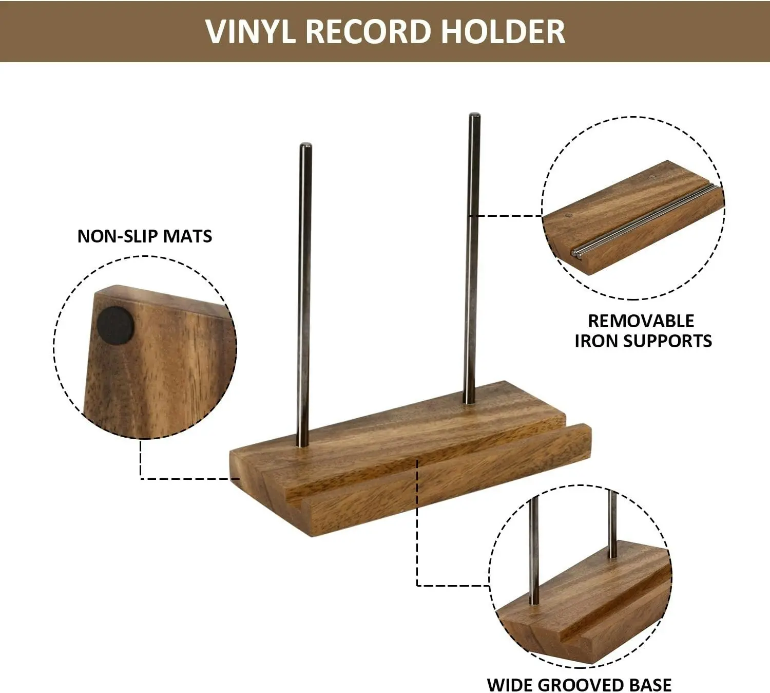 Tabletop Vinyl Record Holder Now Playing Stand Walnut Non-Slip Cover Display Black