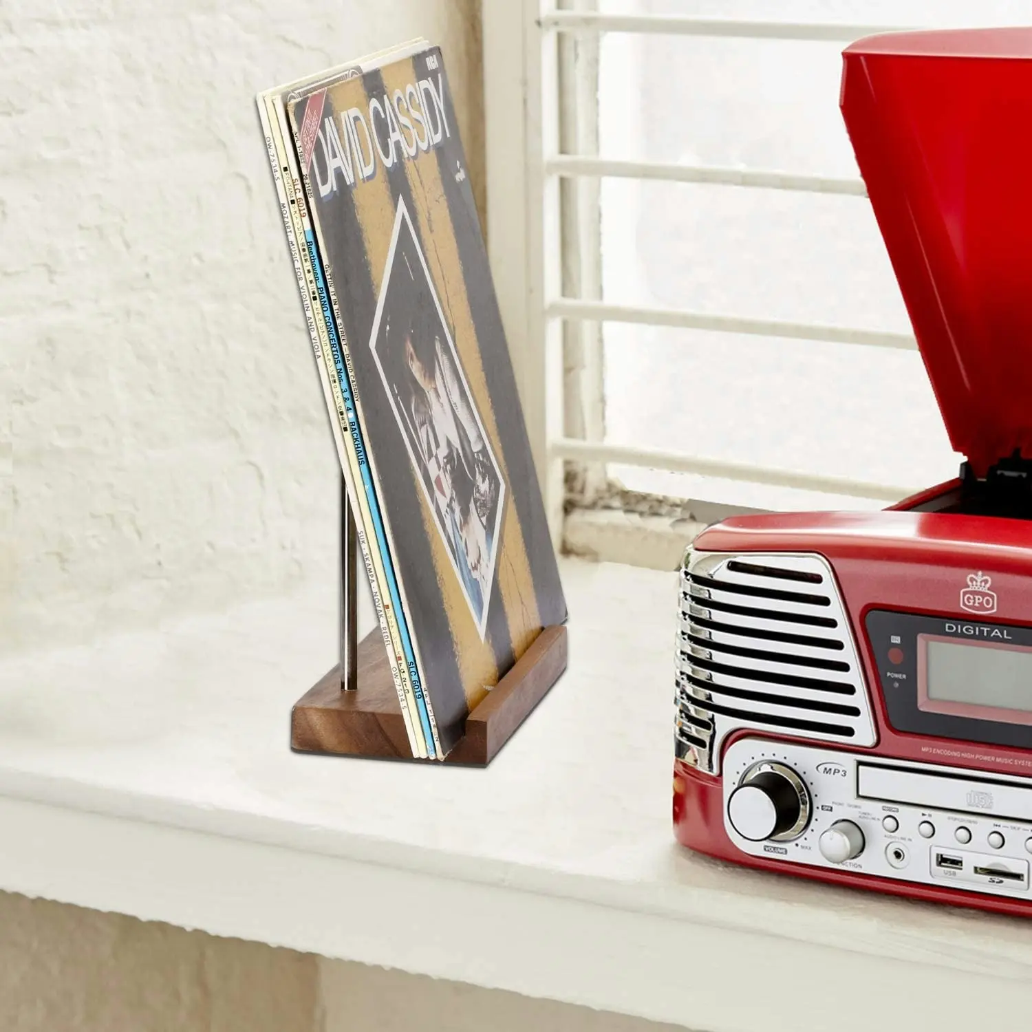 Tabletop Vinyl Record Holder Now Playing Stand Walnut Non-Slip Cover Display Black