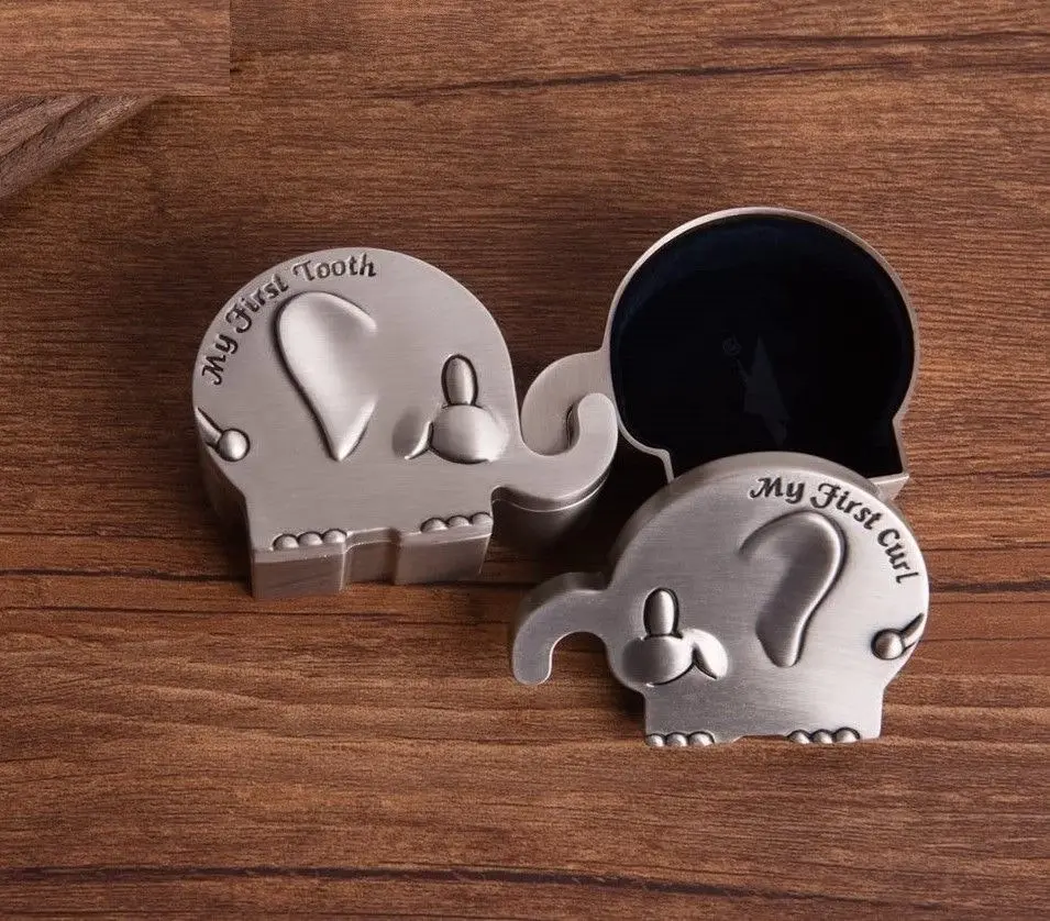 Keepsake Box of first Curl and Tooth for Kids Metallic Engraved Elephant Shape