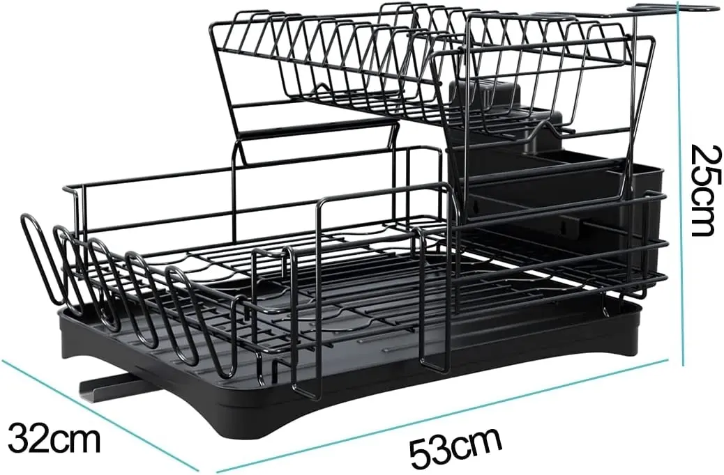 2 Tier Dish Drying Rack Drainboard Set (Black)