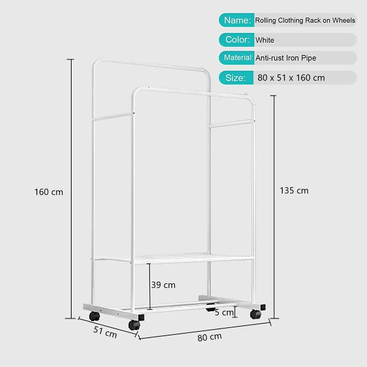 Clothing Rack with Wheels (White)