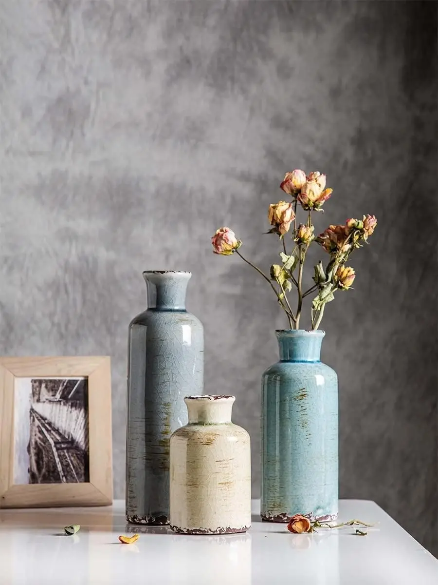 Ceramic Vases Set of 3 Crackled Finish Blue Farmhouse for Home DÃƒÂ©cor