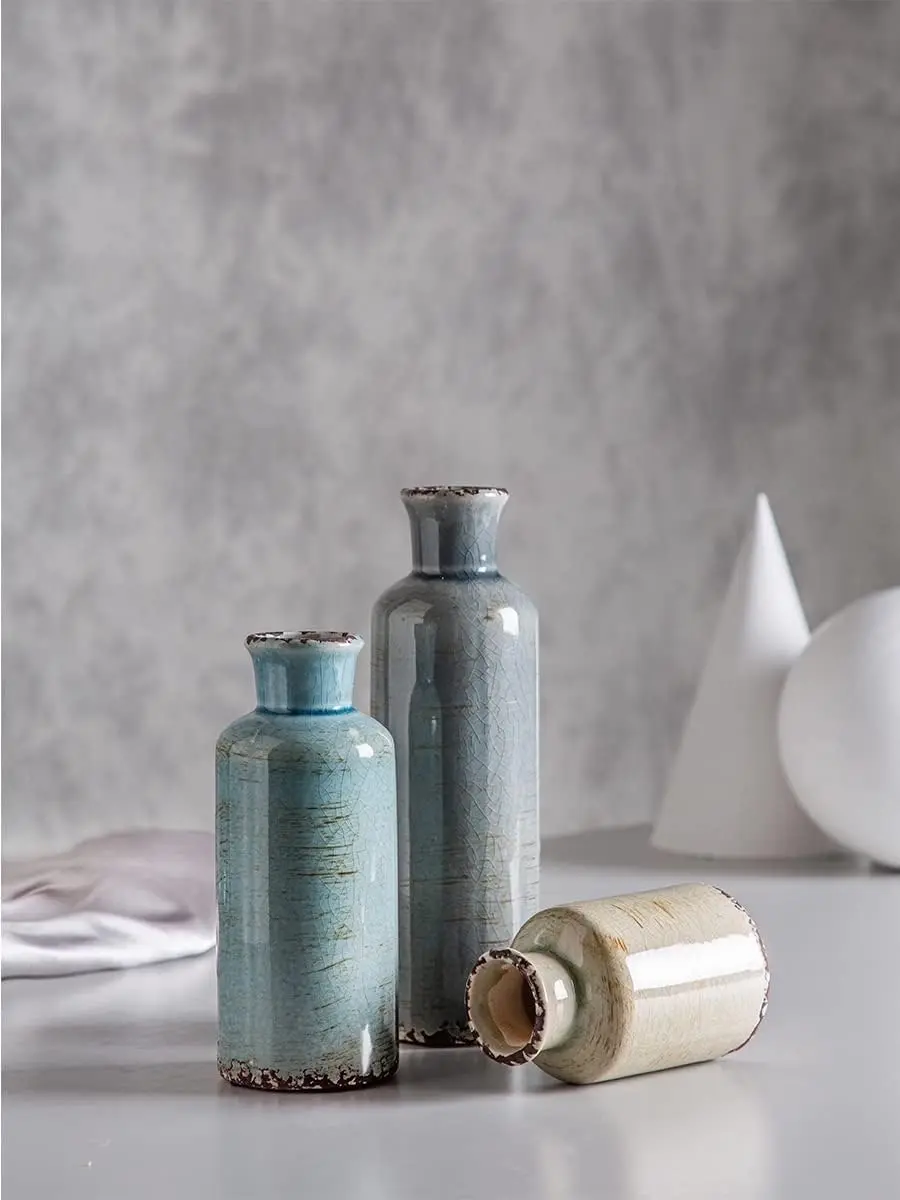 Ceramic Vases Set of 3 Crackled Finish Blue Farmhouse for Home DÃƒÂ©cor