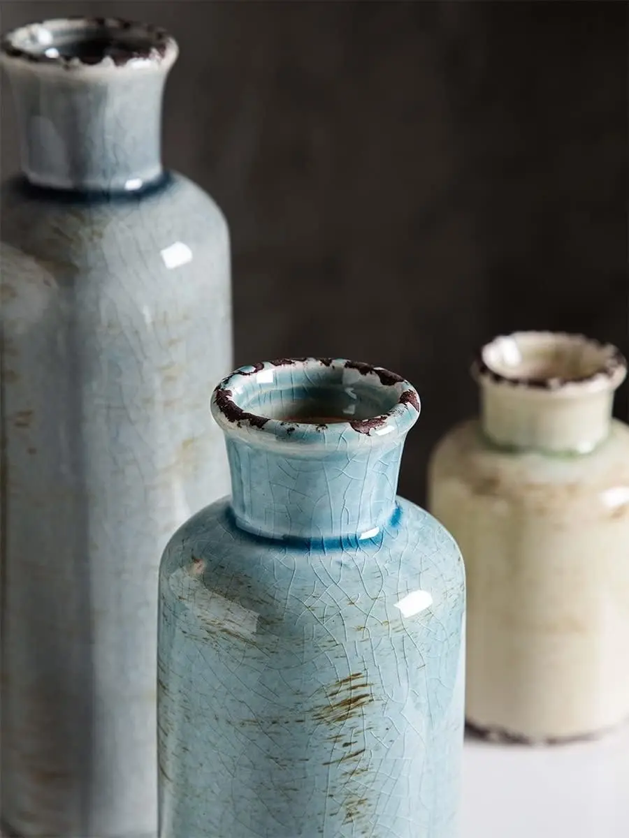 Ceramic Vases Set of 3 Crackled Finish Blue Farmhouse for Home DÃƒÂ©cor