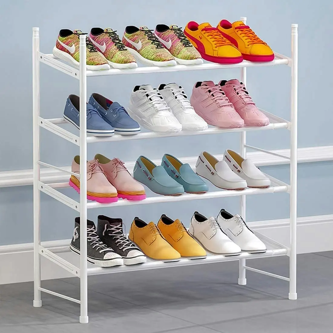 4 Tier Shoe rack, Metal Iron, Expandable, Adjustable (White)