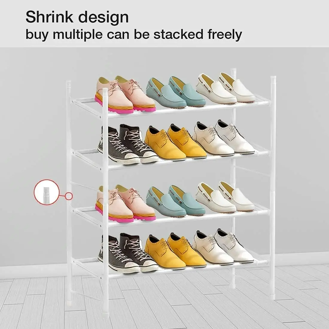 4 Tier Shoe rack, Metal Iron, Expandable, Adjustable (White)