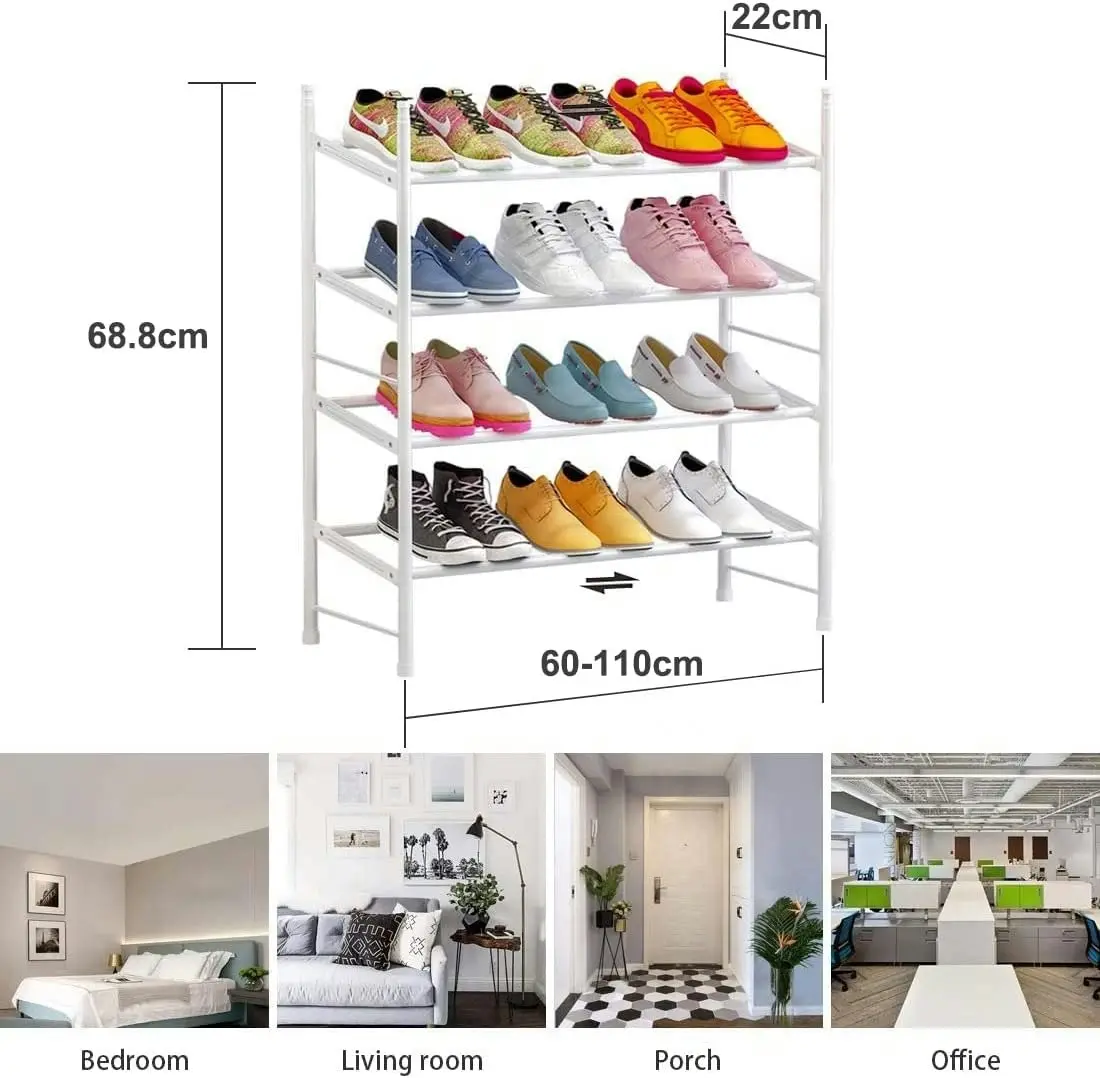 4 Tier Shoe rack, Metal Iron, Expandable, Adjustable (White)