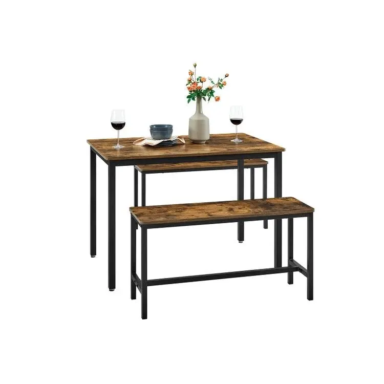 Rustic Brown and Black Industrial Style 3-Piece Dining Table Set with 2 Benches - 110 x 70 x 75 cm Table, 2 x 97 x 30 x 50 cm Benches